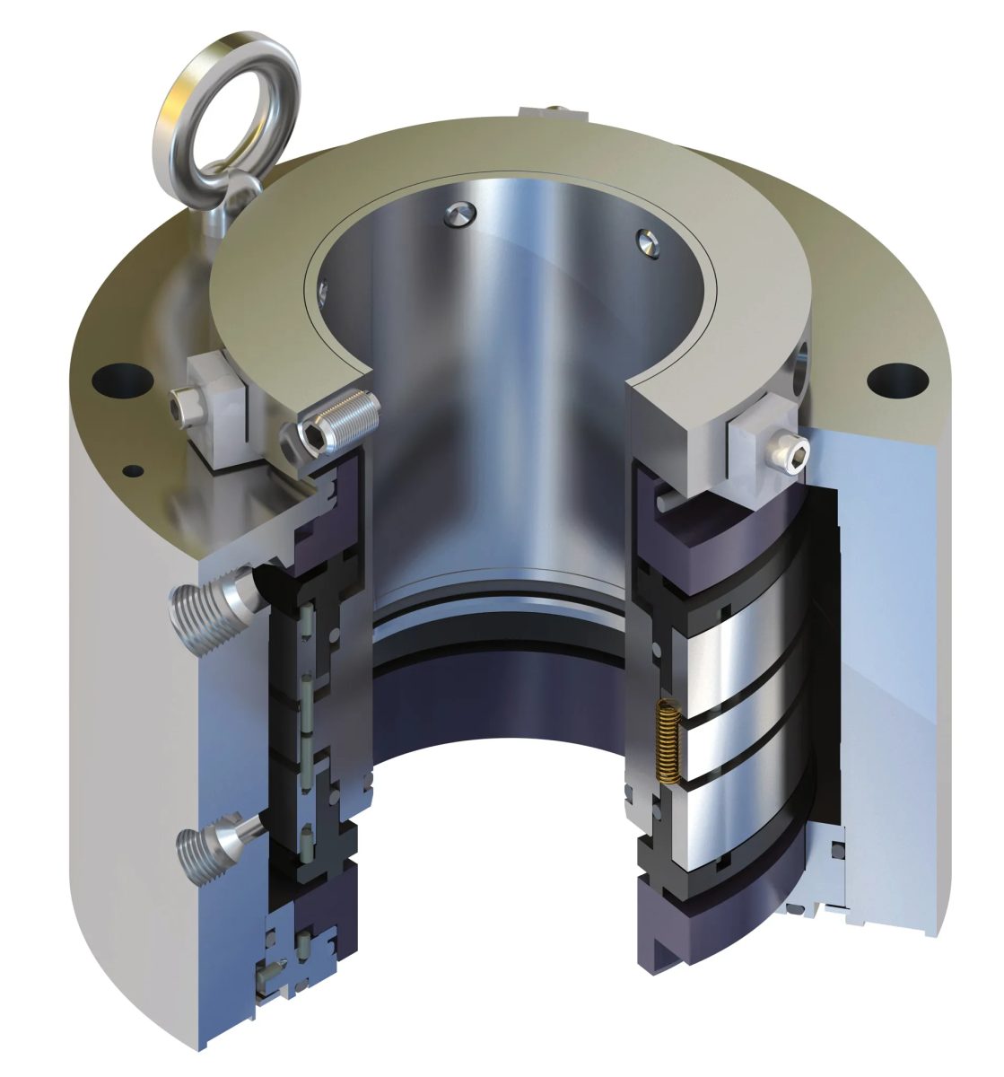 Sectional view of a dry running agitator seal showing the seal faces, springs and flanged mounting for reactors and mixers