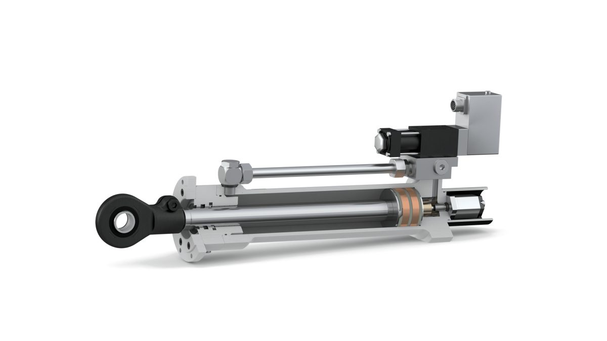 Custom hydraulic cylinder with integrated valve block and rod eye mounting built to customer specification