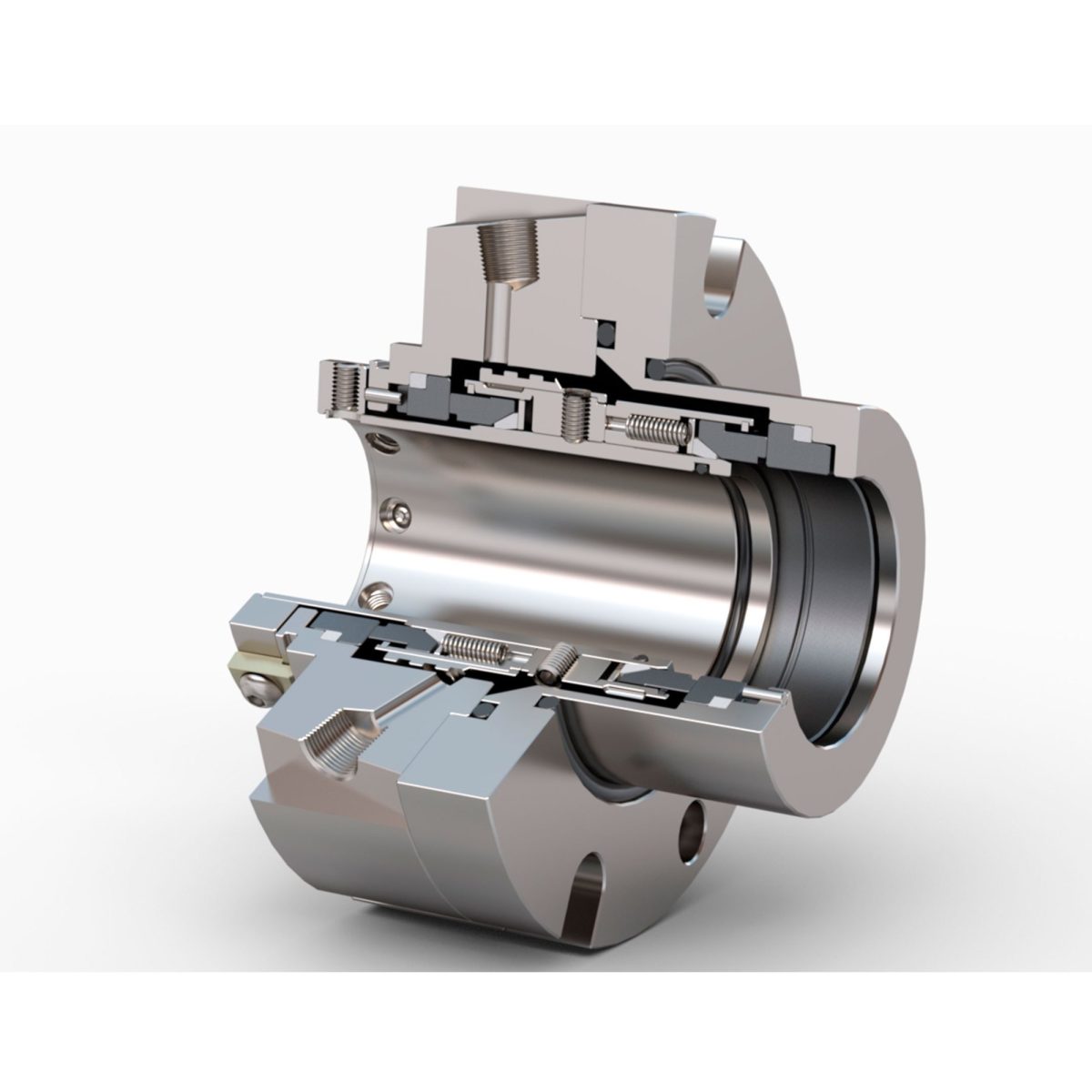 High pressure cartridge mechanical seal shown in section with balanced faces and stainless steel sleeve for high pressure pump service