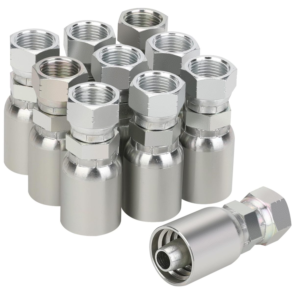 Hydraulic hose fittings with female swivel nuts and crimp ferrules for high pressure hose assemblies