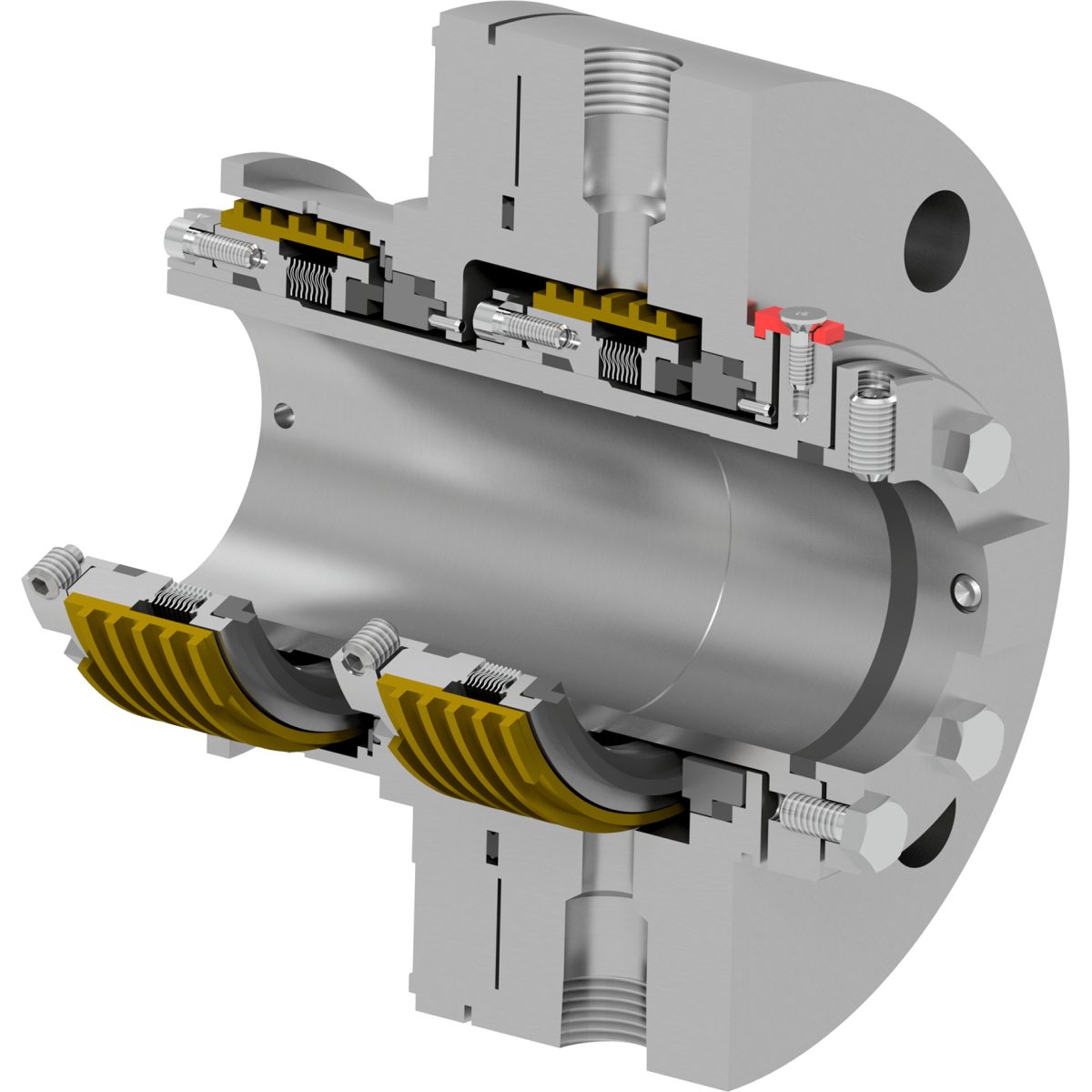 Welded metal bellow mechanical seal shown in section with stainless steel bellow and balanced faces for hot oil and high temperature service
