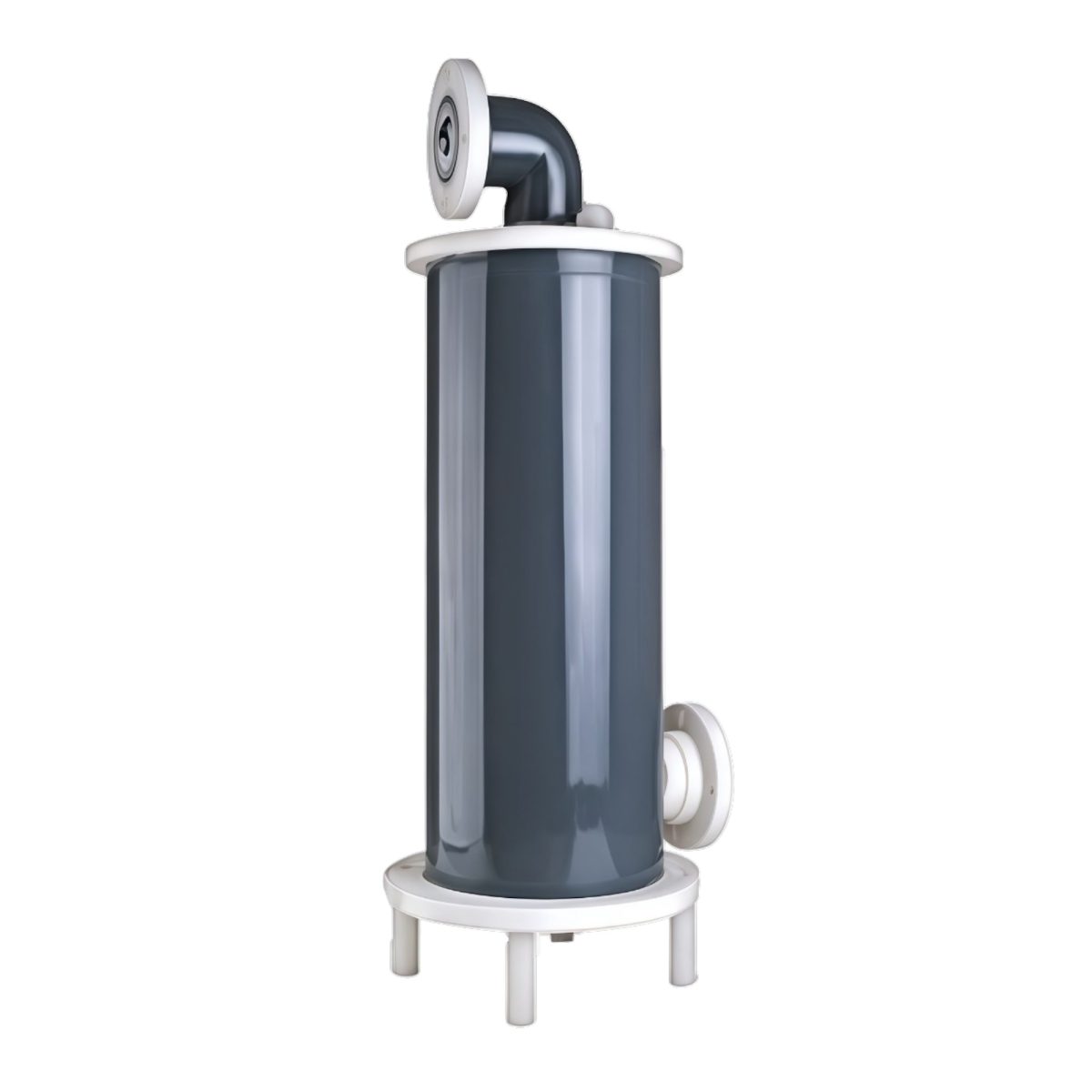 Polypropylene priming pot with inlet and outlet connections and support legs for self priming chemical pump installations