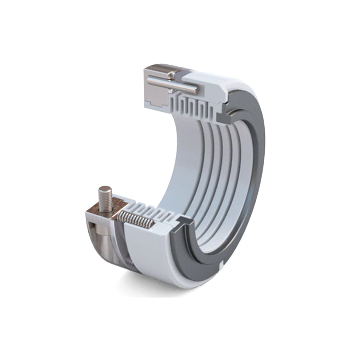 PTFE bellow mechanical seal with replaceable face shown in section, with PTFE bellow and renewable seal face for corrosive chemical duty