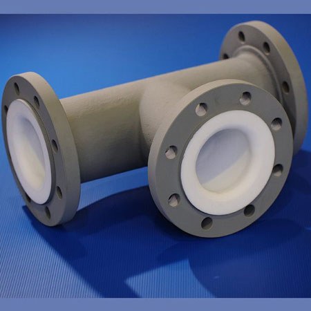 PTFE lined pipe tee with flanged ends and white PTFE inner lining for corrosive chemical pipelines and process plant