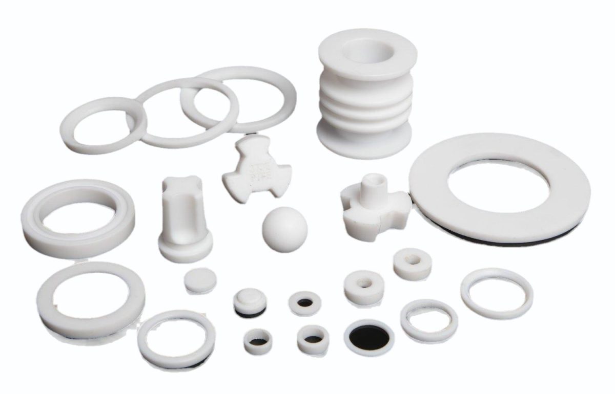 Machined PTFE components including rings, bushes, fittings and washers turned to customer drawing