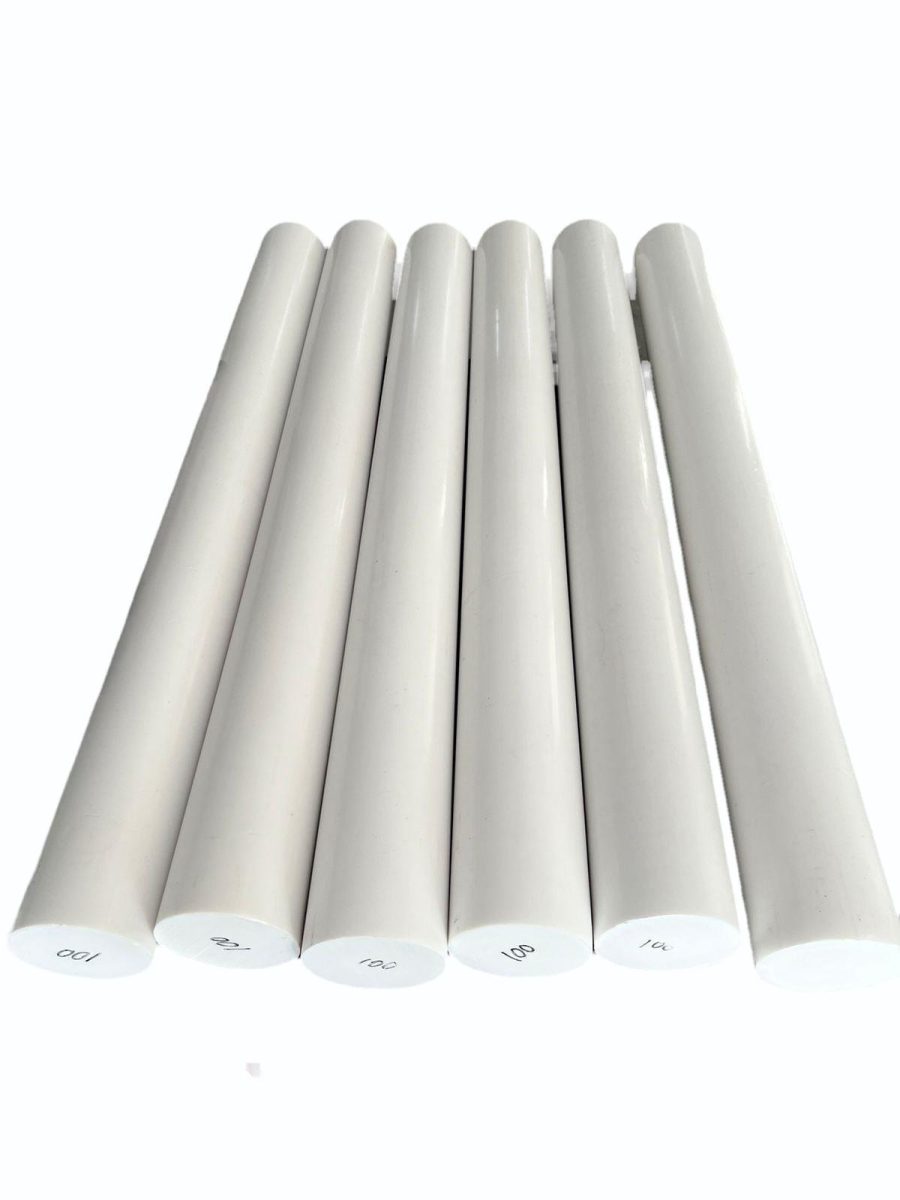 White PTFE Teflon rods in assorted diameters for machining bushes, seals and chemical plant components