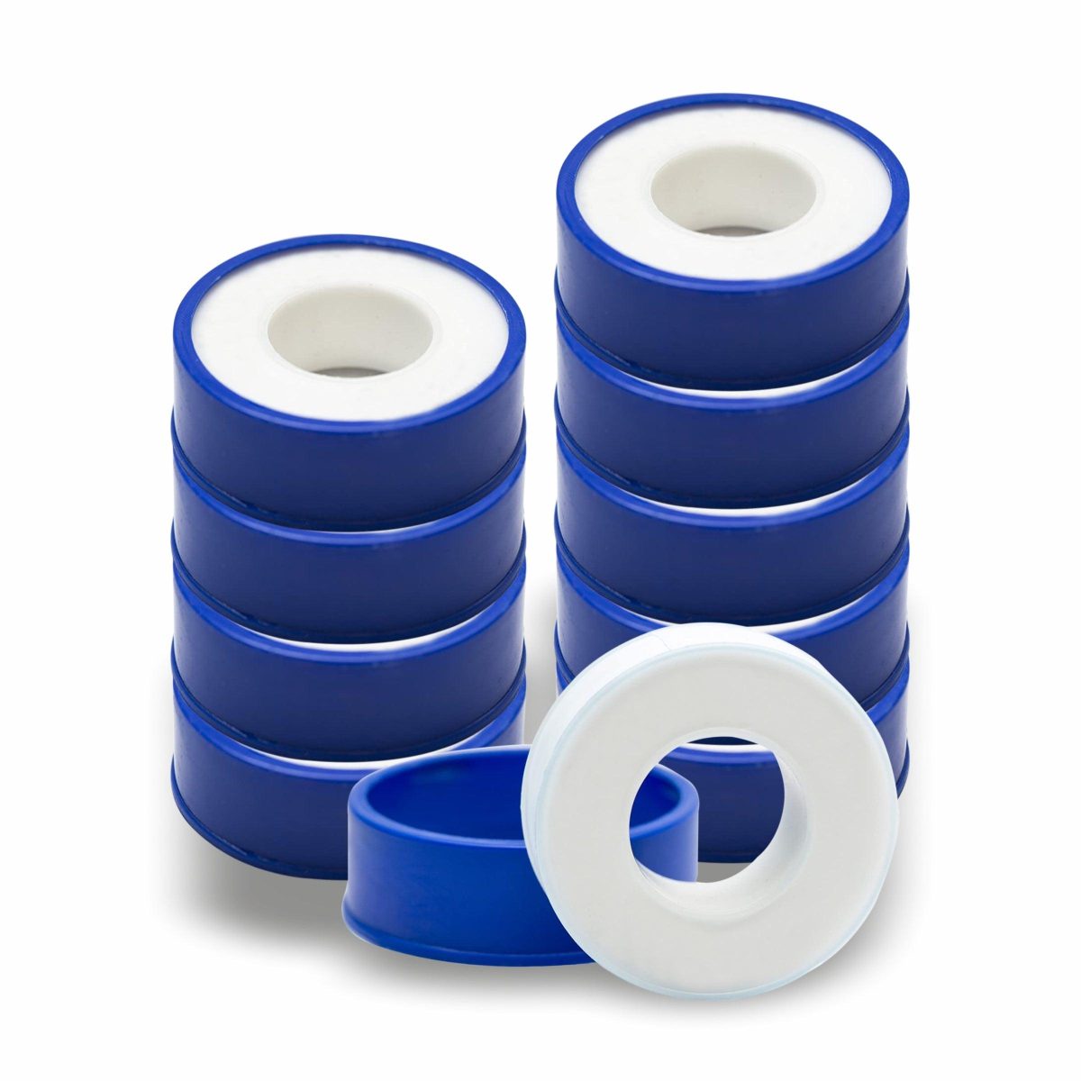 Rolls of white PTFE thread seal tape on spools for sealing threaded pipe joints and fittings