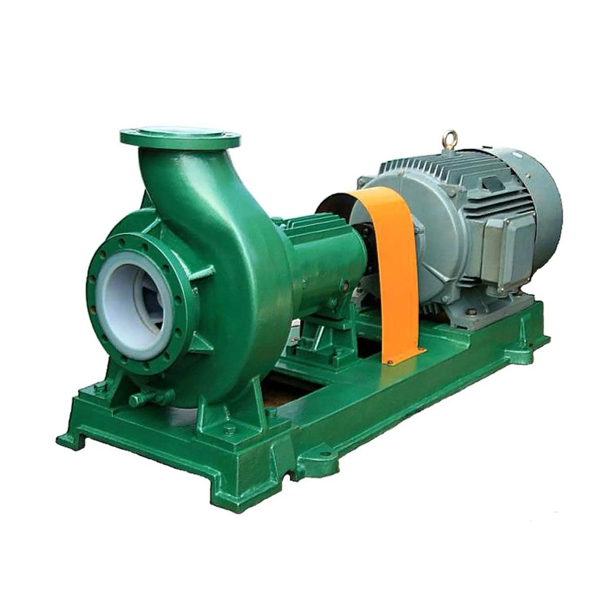 PVDF lined centrifugal pump with lined suction flange, coupled motor and common baseplate for corrosive chemical transfer