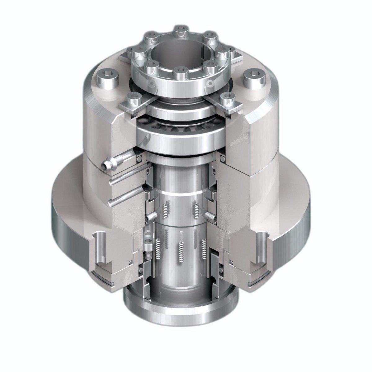 Reactor double mechanical seal shown in section with flanged mounting and double balanced faces for glass lined reactors and vessels