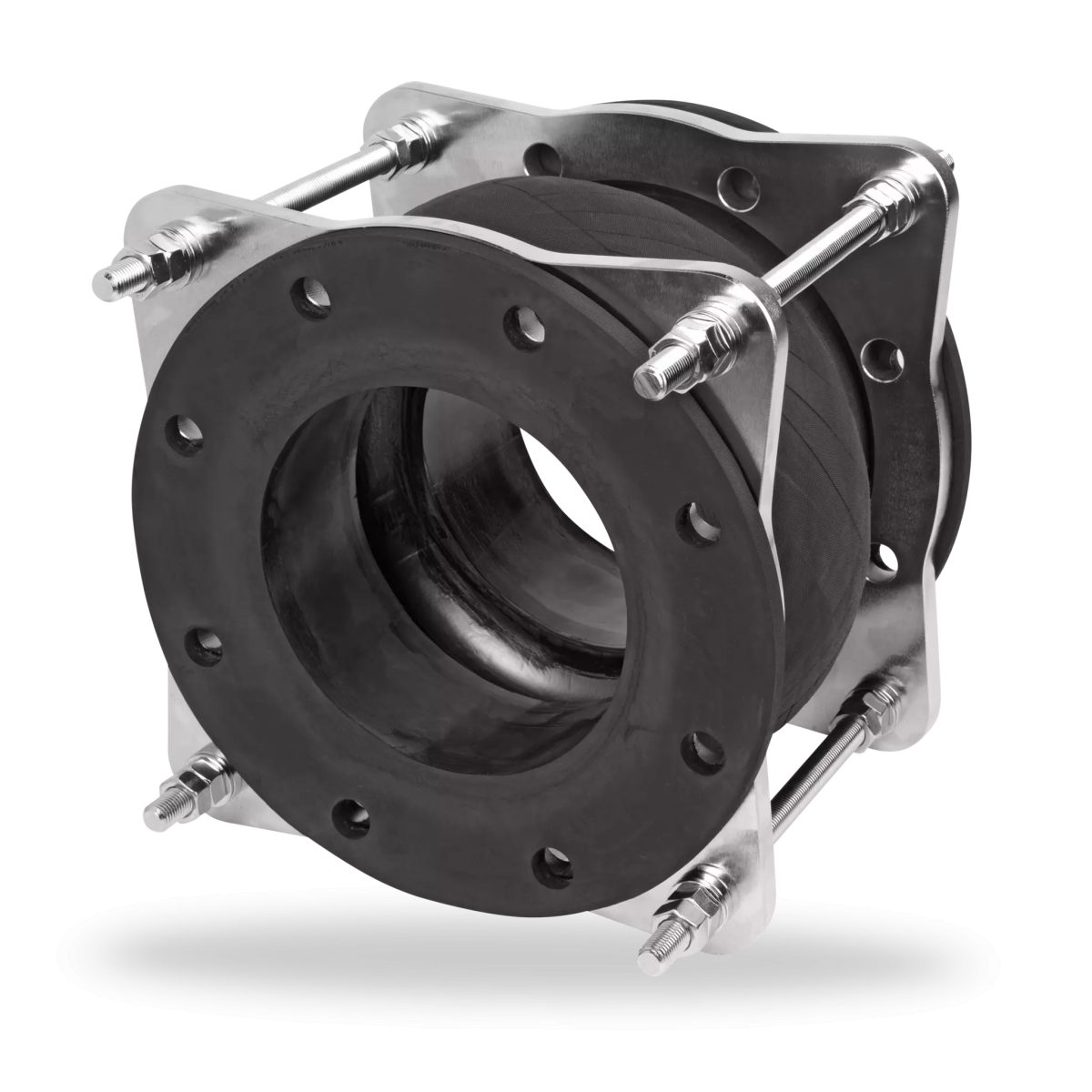 Rubber expansion joint with flanged ends and tie rods to absorb pipe movement and vibration in pump lines