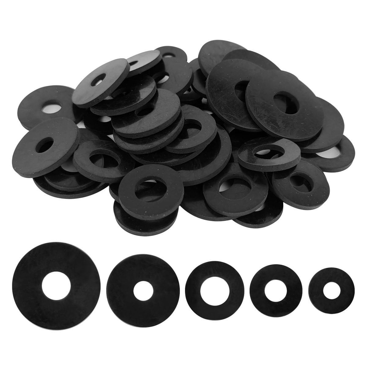 Black rubber washers in assorted diameters for sealing bolted joints in pumps, valves and pipework